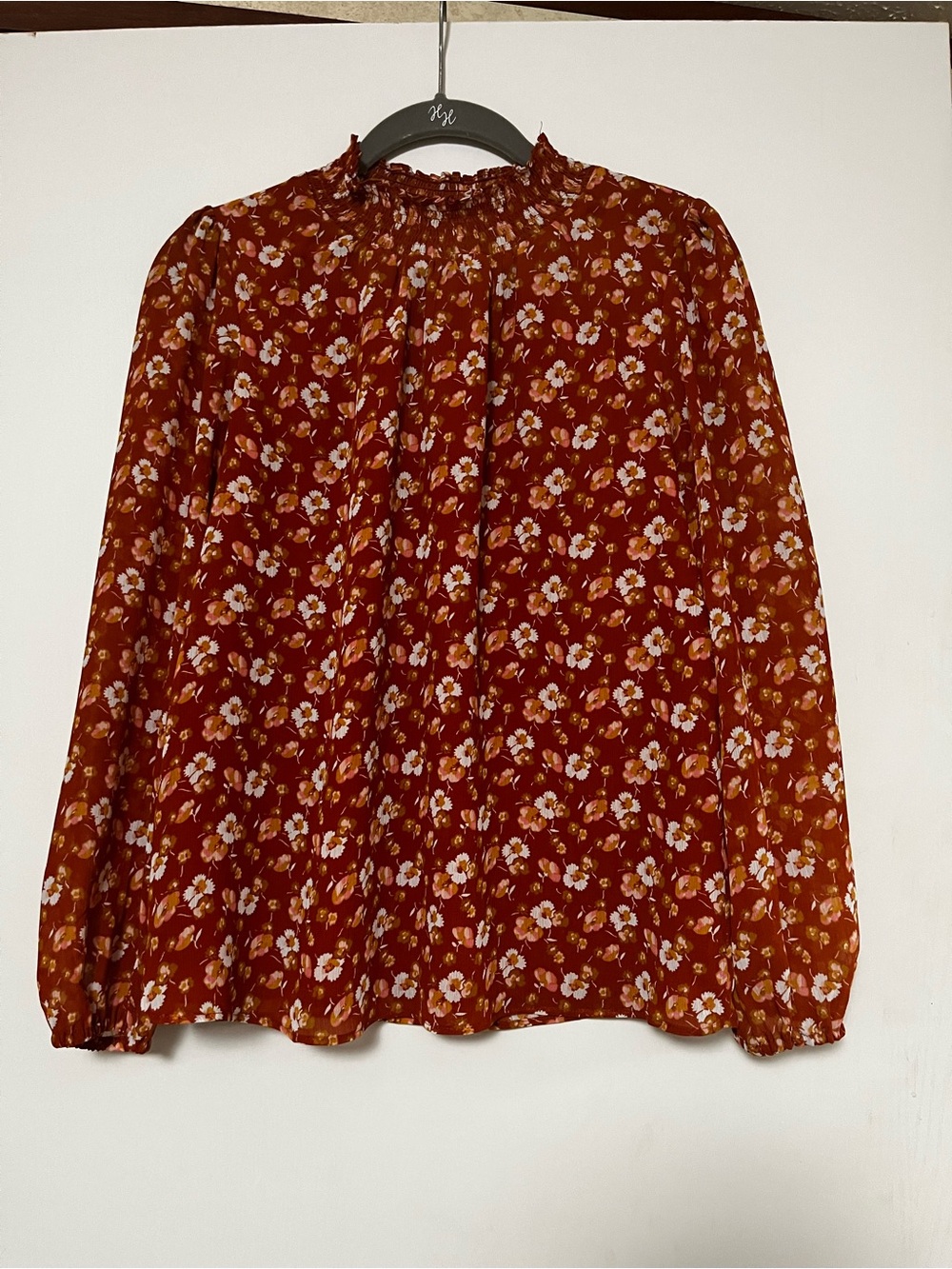 J. Crew Rust Floral Smocked Mock-Neck Blouse